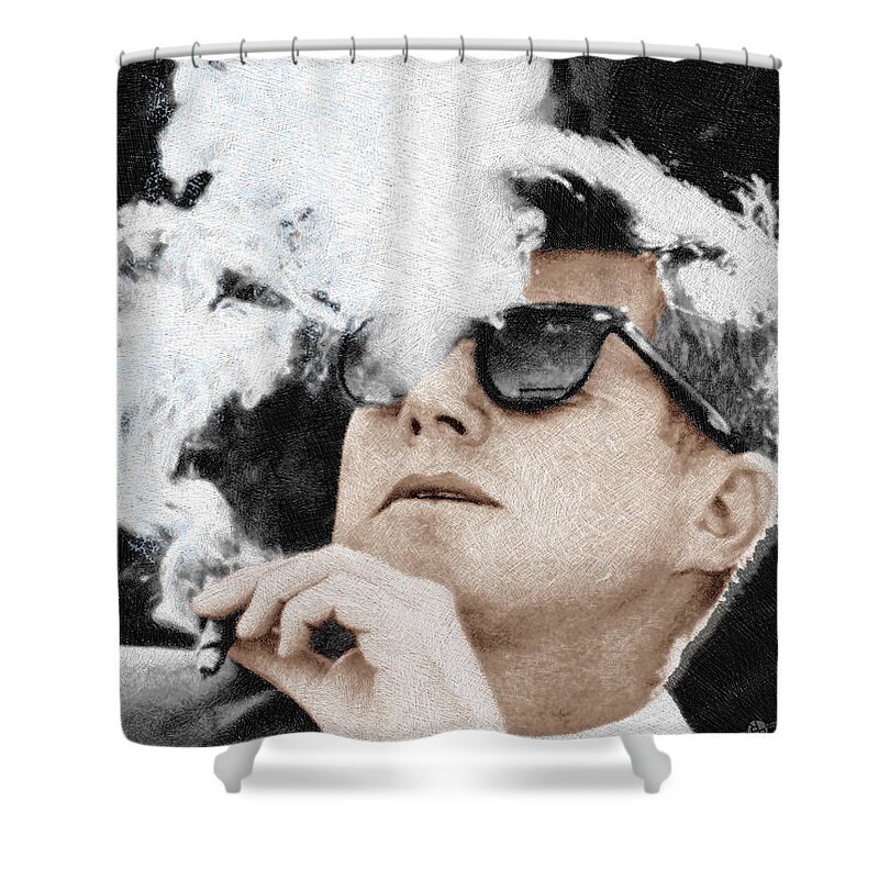 President Shower Curtain featuring the painting John F Kennedy Cigar and Sunglasses by Tony Rubino