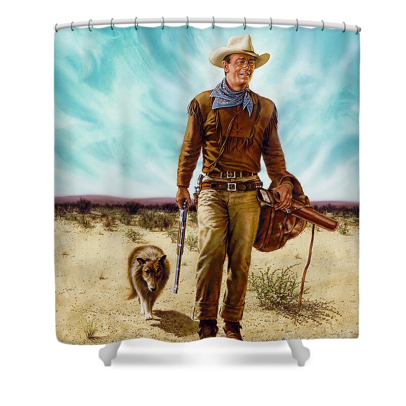 Portrait Shower Curtain featuring the painting John Wayne HONDO by Dick Bobnick