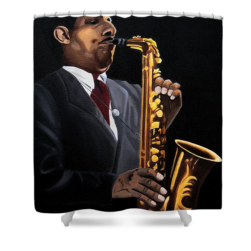 John Keith Hodges Shower Curtain featuring the painting Johnny and the Sax by Barbara McMahon