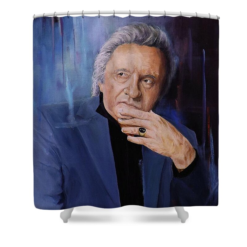 Portrait Shower Curtain featuring the painting Johnny Cash by Barry BLAKE