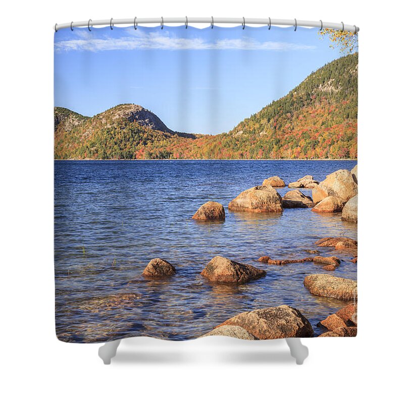 Fall Shower Curtain featuring the photograph Jordan Pond and The Bubbles in Autumn Acadia National Park by Ken Brown