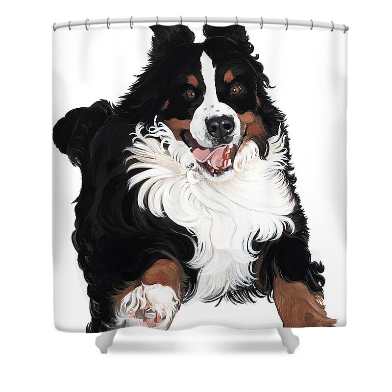 Bernese Mountain Dog Puppy Pup Happy Snow Flakes Playing Play Run Running Bill Friday Jumping Flash Jump Flying Furry Liane Weyers Painting Artist Art Tail Wagging Tongue Wagging Smile Shower Curtain featuring the painting Jumpin Jack Flash by Liane Weyers