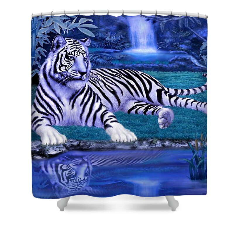 White Tiger Shower Curtain featuring the digital art Jungle Tiger by Glenn Holbrook