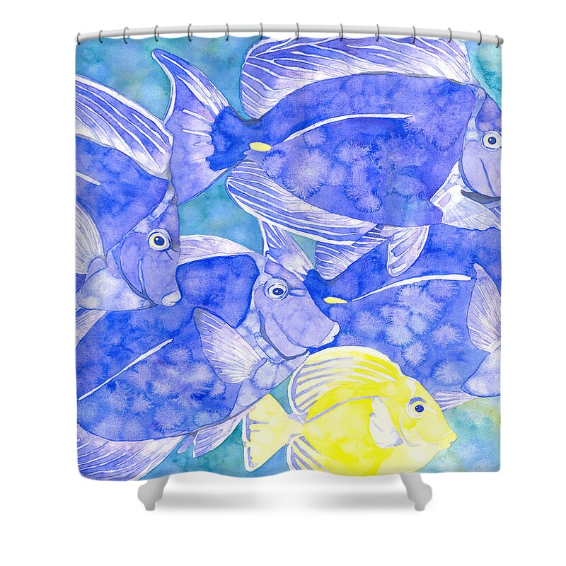 Tropical Fish Shower Curtain featuring the painting Junior Goes To School by Pauline Walsh Jacobson