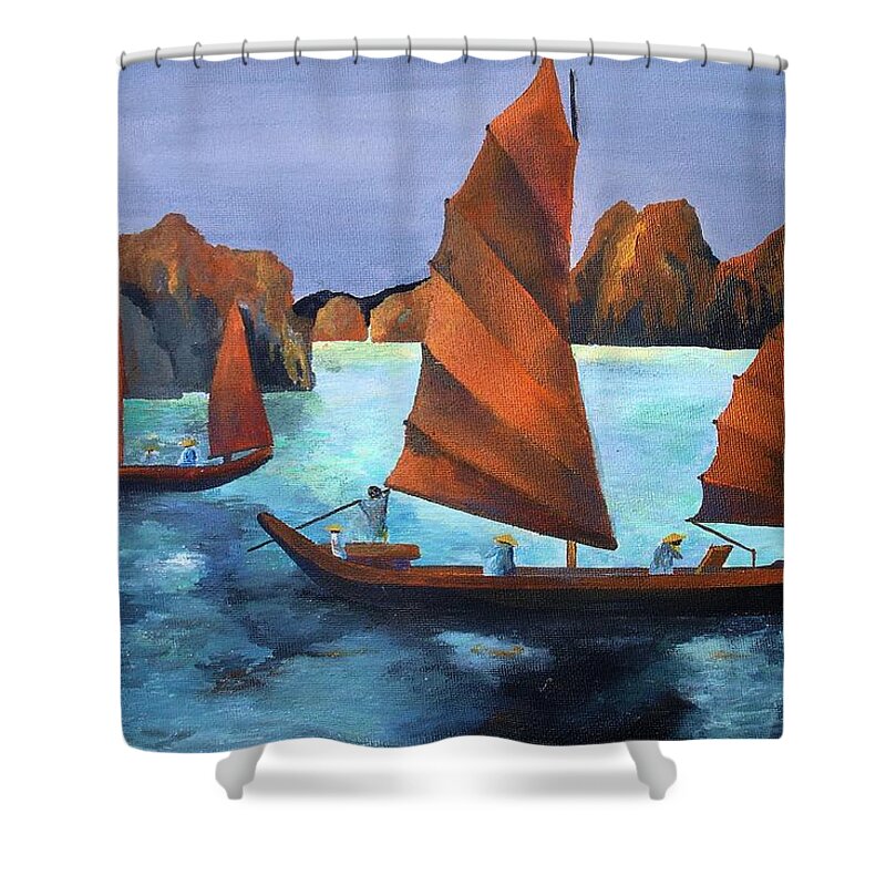 Fishing Shower Curtain featuring the painting Junks In the Descending Dragon Bay by Taiche Acrylic Art