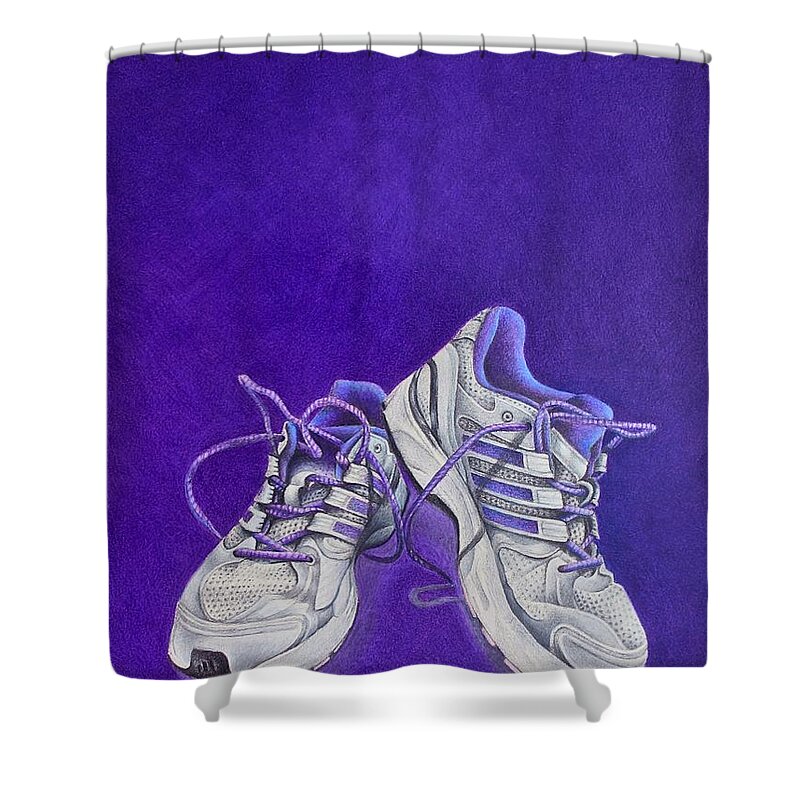 Running Shower Curtain featuring the painting Karen's Shoes by Pamela Clements