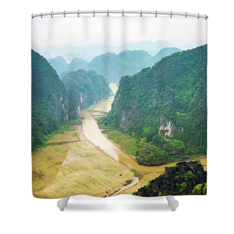 Water Shower Curtain featuring the photograph Karst Mountain Landscape At Hang Mua by Jason Langley