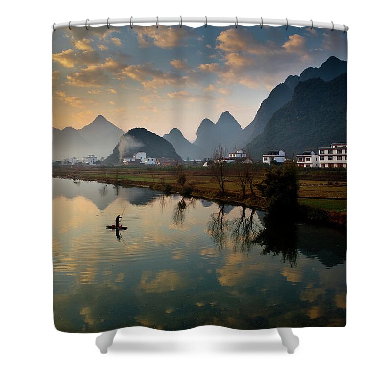 Yangshuo Shower Curtain featuring the photograph Karst Mountains And Fisherman On Raft by Richard I'anson