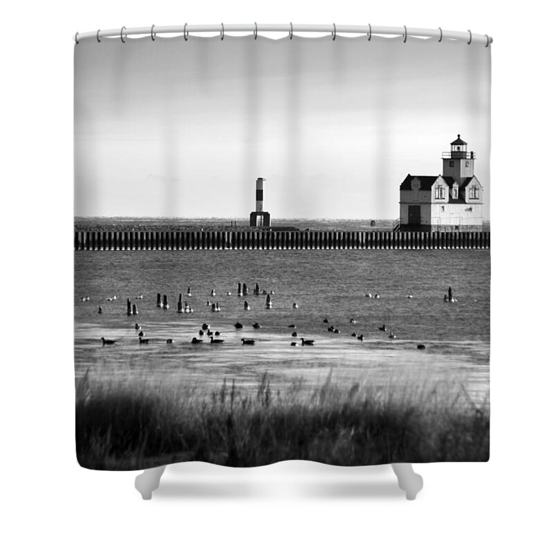 Lighthouse Shower Curtain featuring the photograph Kewaunee Lighthouse in BandW by Bill Pevlor
