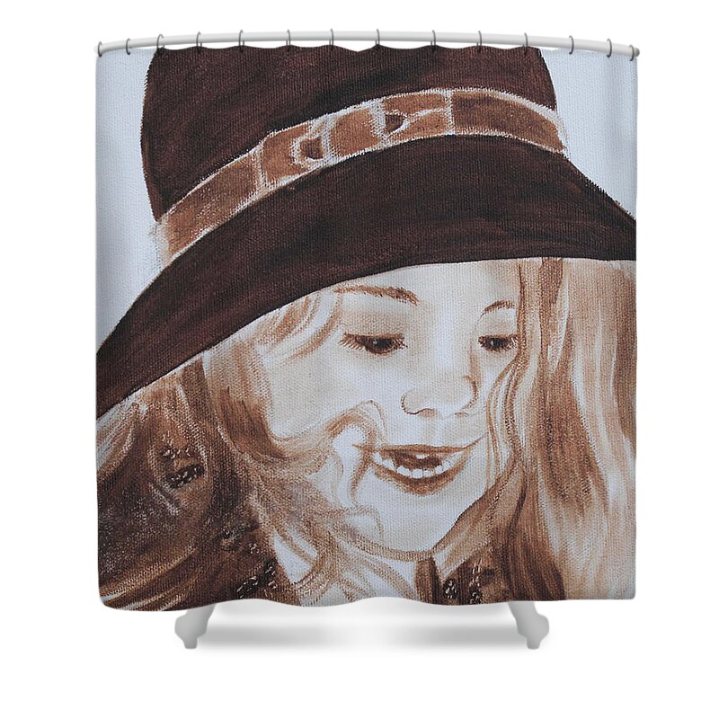 Portraits Shower Curtain featuring the painting Kids in Hats - Michelle by Kathie Camara