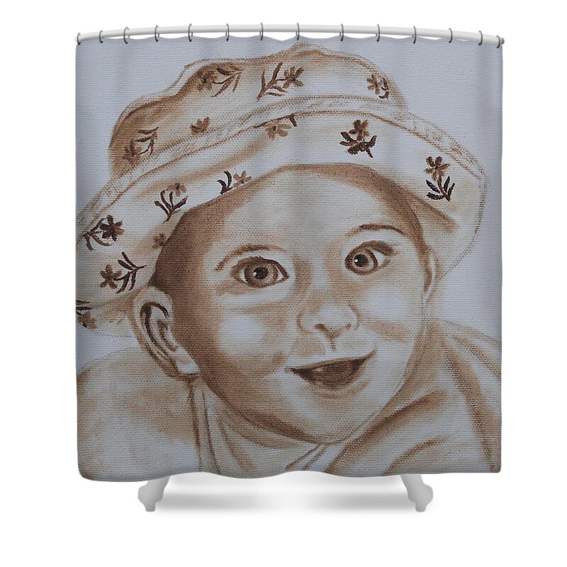 Portraits Shower Curtain featuring the painting Kids in Hats - Rowan by Kathie Camara