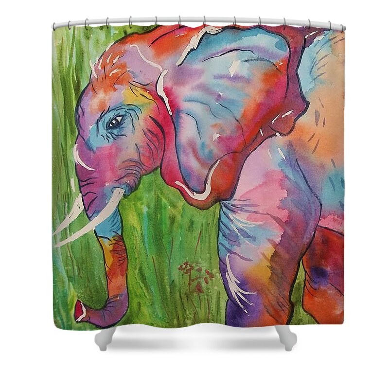 Elephant Shower Curtain featuring the painting King of the Elephants by Ellen Levinson