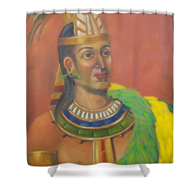Aztec Shower Curtain featuring the painting King Topiltzin by Lilibeth Andre