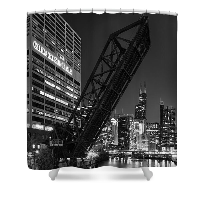 Architecture Shower Curtain featuring the photograph Kinzie Street railroad bridge at night in Black and White by Sebastian Musial