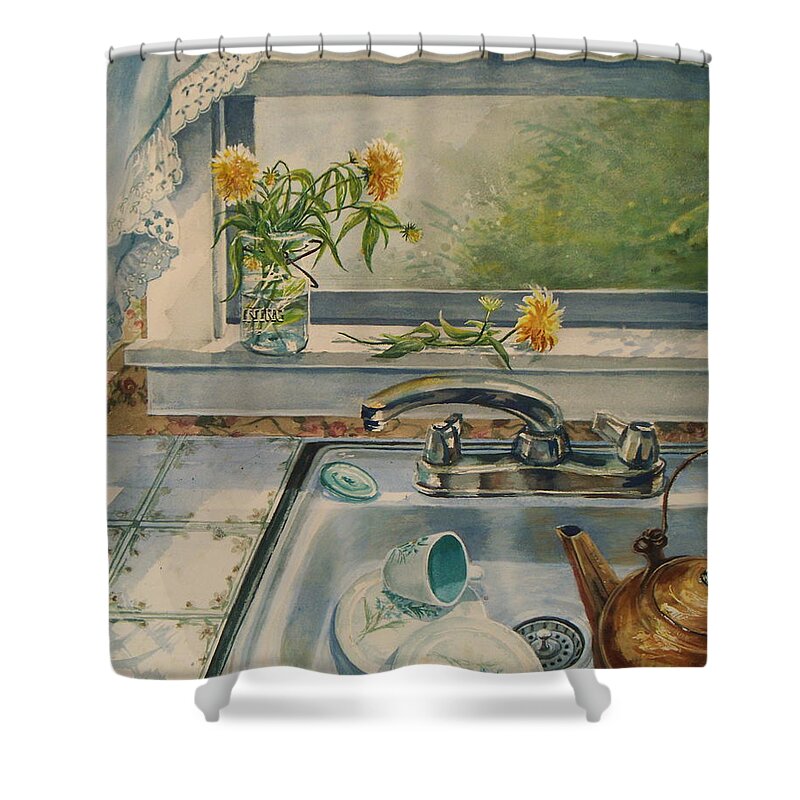  Yellow Flowers Shower Curtain featuring the painting Kitchen Sink by Joy Nichols