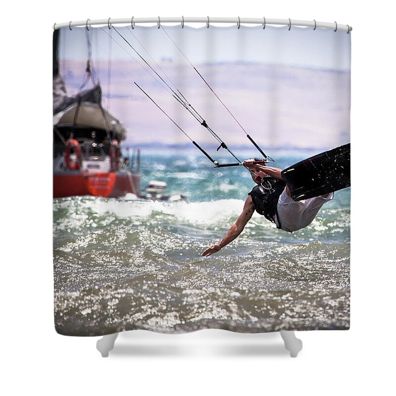 Expertise Shower Curtain featuring the photograph Kite Board Action by Ann Clarke Images