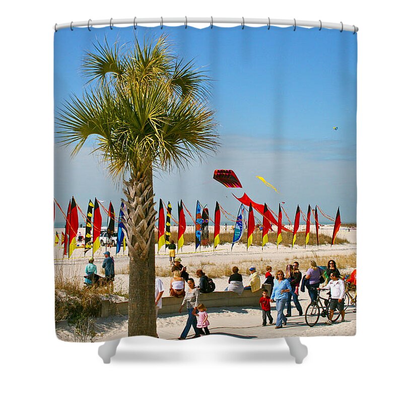 Palms Shower Curtain featuring the photograph Kite Day at St. Pete Beach by Greg Joens