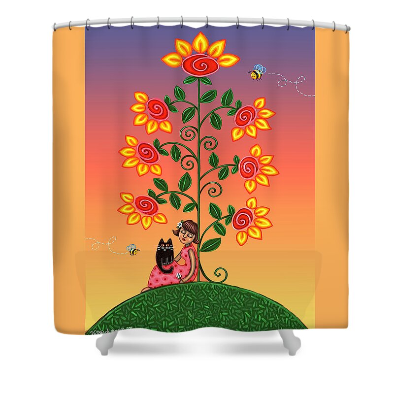 Folk Art Shower Curtain featuring the painting Kitty and Bumblebees by Victoria De Almeida