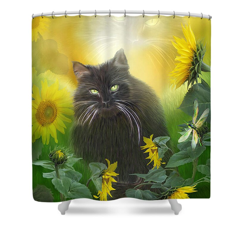 Cat Shower Curtain featuring the mixed media Kitty In The Sunflowers by Carol Cavalaris