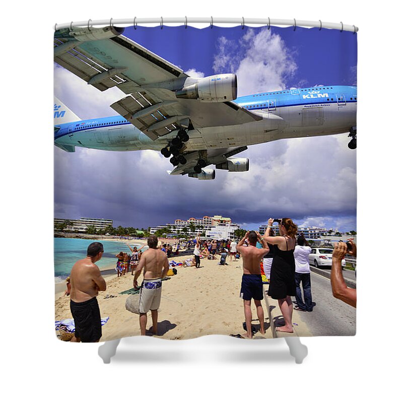 St Martin - Airplanes Shower Curtain featuring the photograph KLM Landing at St Maarten 3 by Matt Swinden