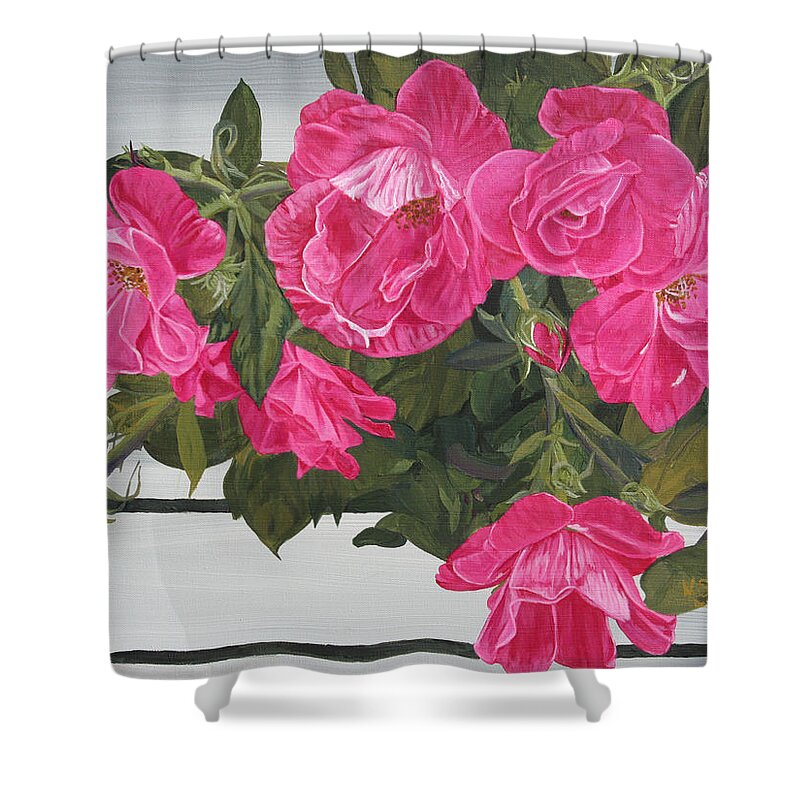 Roses Shower Curtain featuring the painting Knock Out Roses by Wendy Shoults