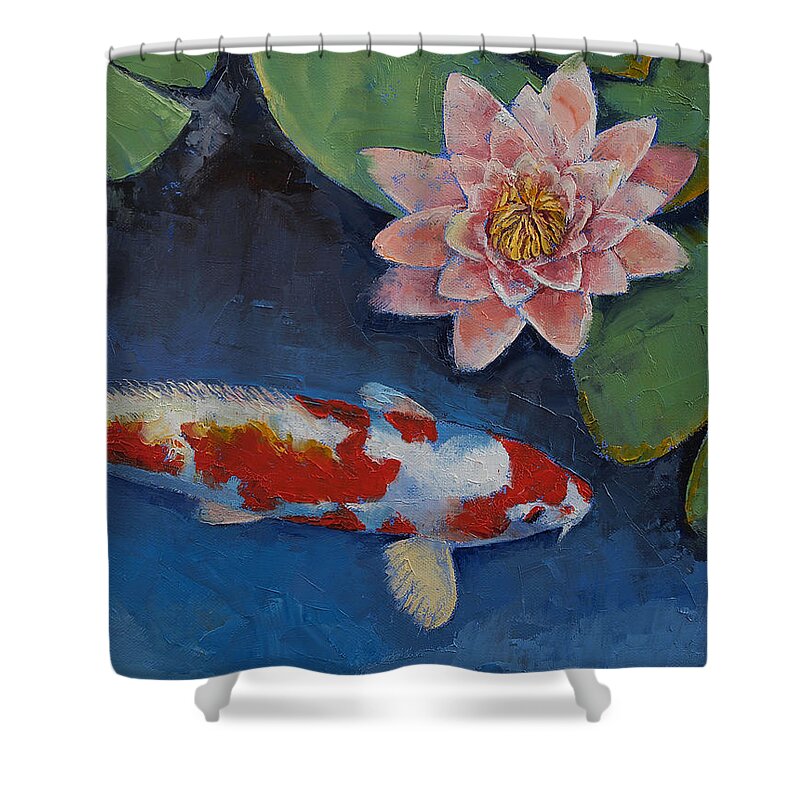 Water Lily Shower Curtain featuring the painting Koi and Water Lily by Michael Creese