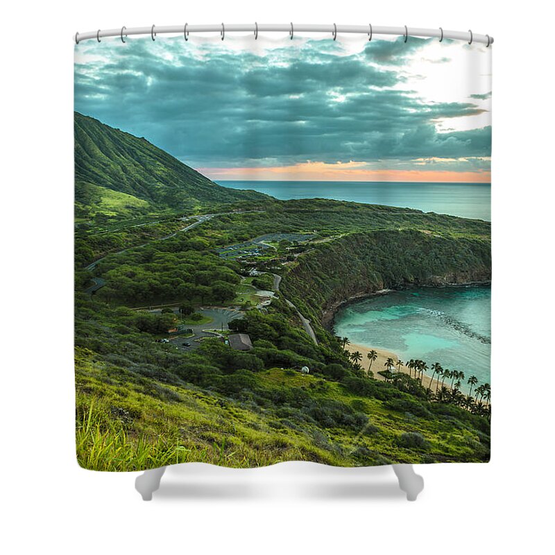 Aqua Shower Curtain featuring the photograph Koko Head Crater and Hanauma Bay 1 by Leigh Anne Meeks