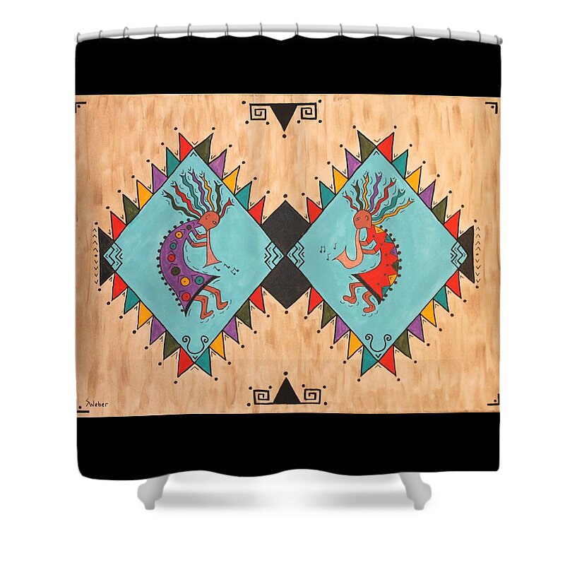 Yellow Shower Curtain featuring the painting Kokopelli Jammin by Susie WEBER