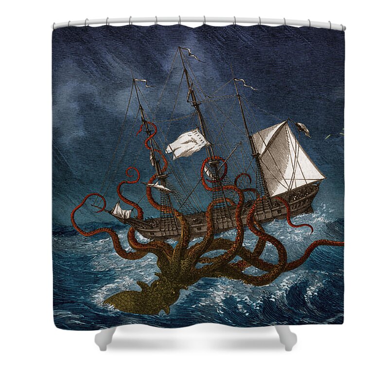 History Shower Curtain featuring the photograph Kraken Attacking Ship, 1700 by Science Source
