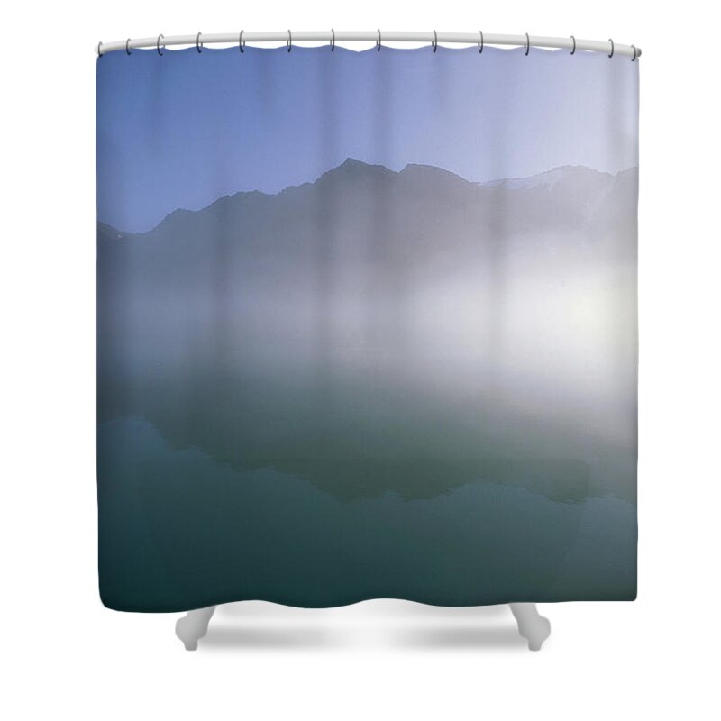 Feb0514 Shower Curtain featuring the photograph Kross Fjord In Fog Spitsbergen Island by Tui De Roy