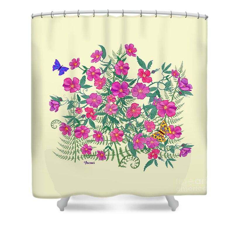 Wild Roses Shower Curtain featuring the painting La Vie en Rose Duvet Cover on Yellow by Teresa Ascone