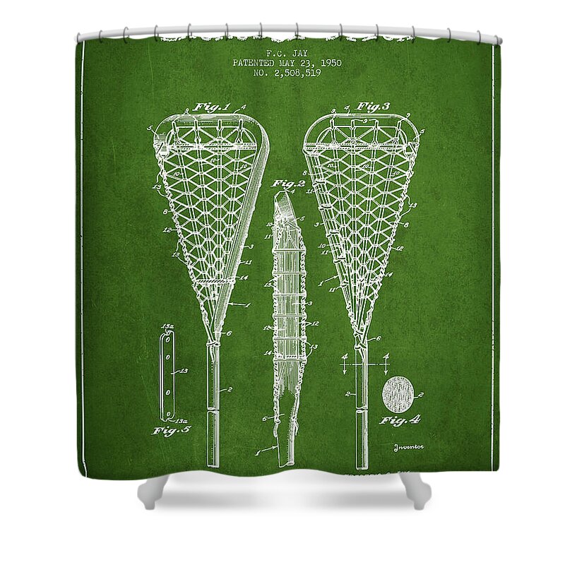 Lacrosse Shower Curtain featuring the digital art Lacrosse Stick Patent from 1950- Green by Aged Pixel