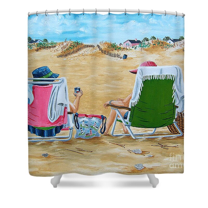 Beach Shower Curtain featuring the painting Ladies on the Beach by Val Miller