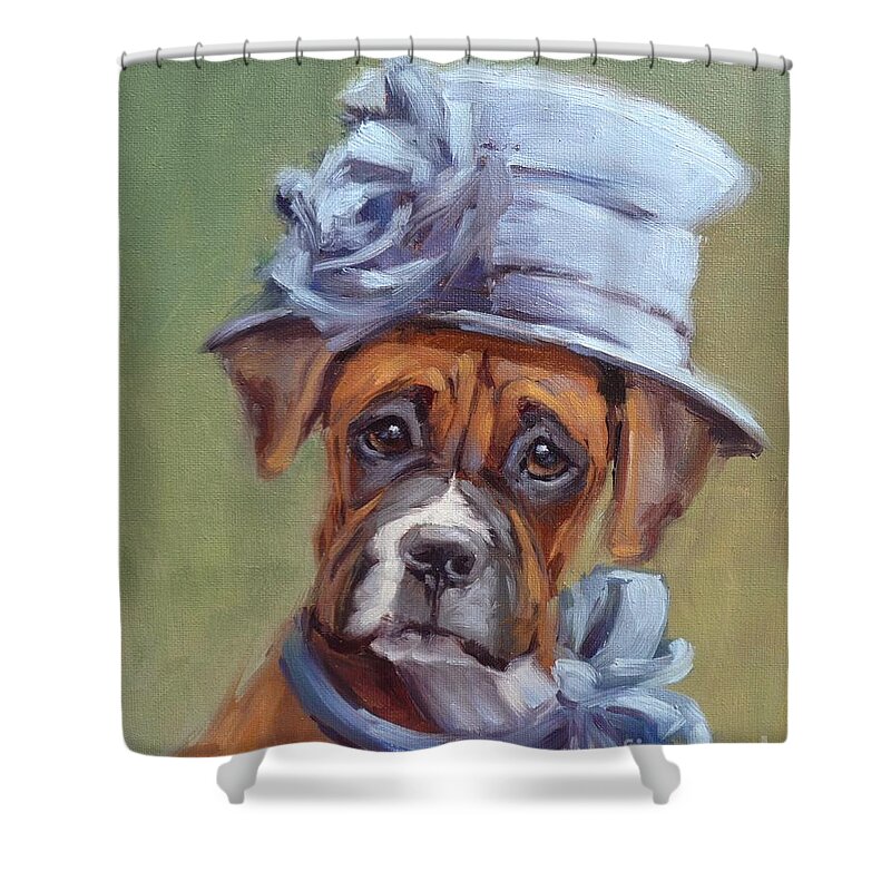 Boxer Shower Curtain featuring the painting Lady Boxer with Blue Hat by Viktoria K Majestic