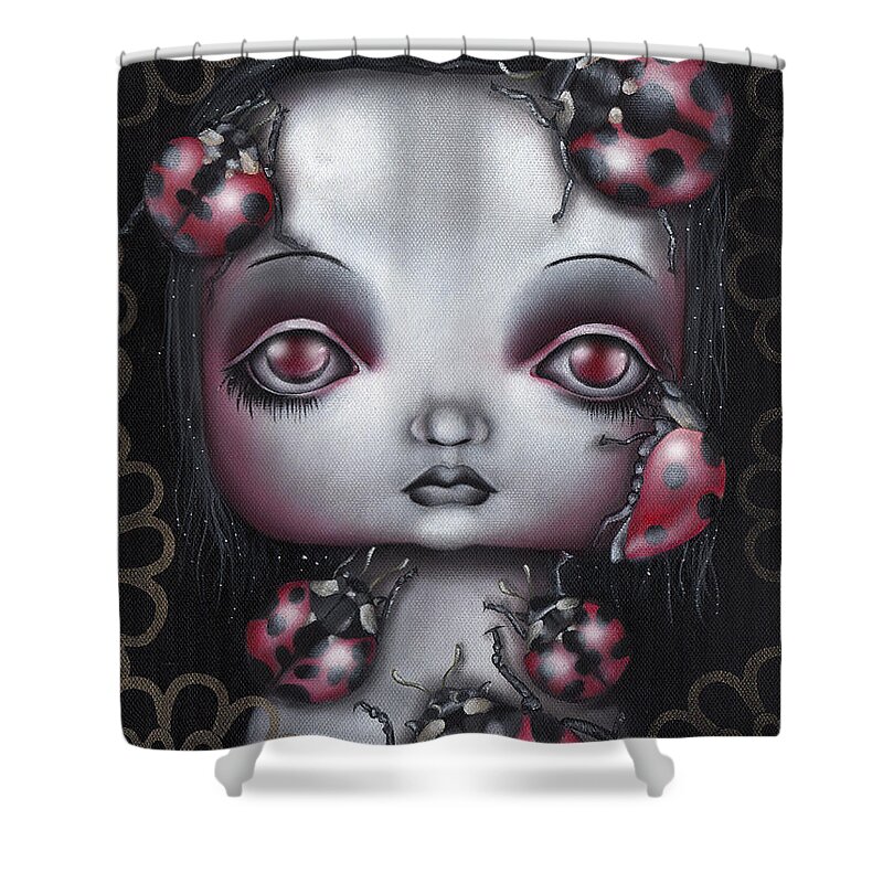 Lady Bug Shower Curtain featuring the painting Lady Bug Girl by Abril Andrade
