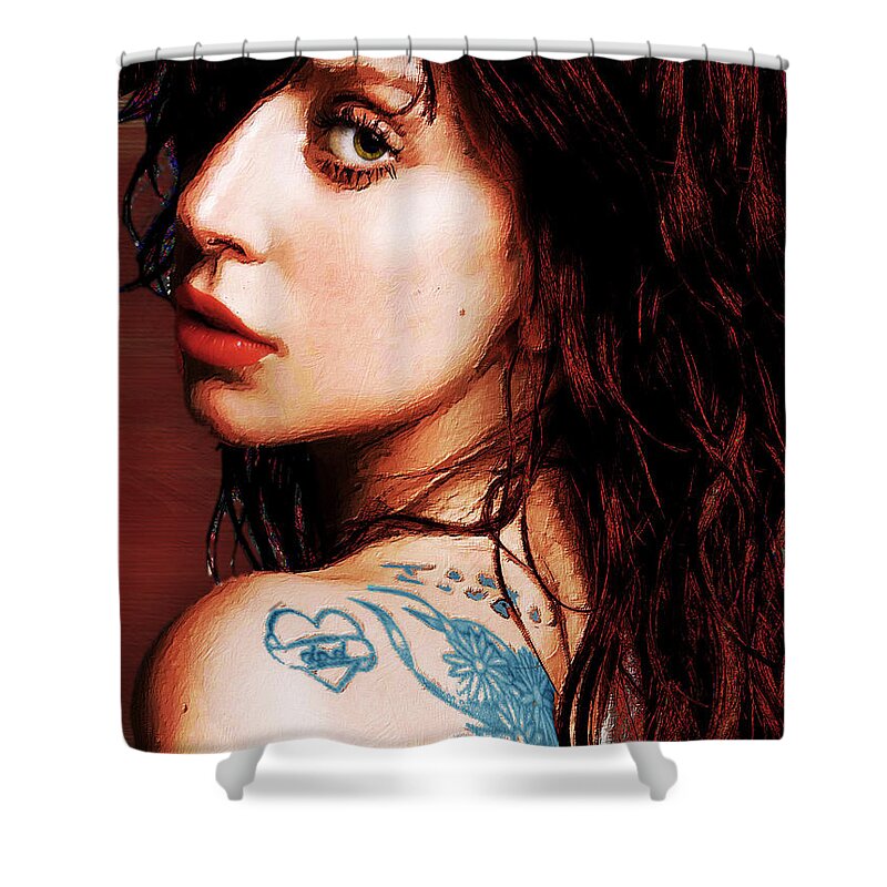 Lady Gaga Shower Curtain featuring the painting Lady Gaga Blue Tattoo Close Up by Tony Rubino