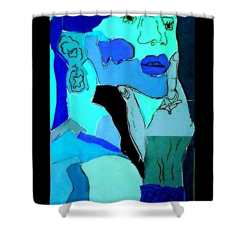 Lady Shower Curtain featuring the mixed media Lady in Blue by Suzanne Berthier