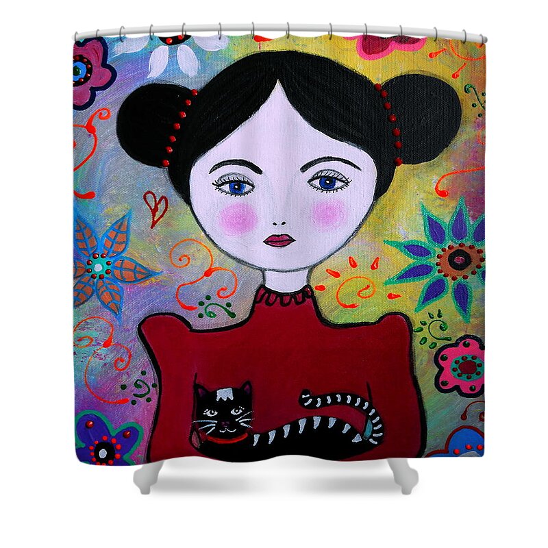 Lady Shower Curtain featuring the painting Lady In Red And Her Cat by Pristine Cartera Turkus