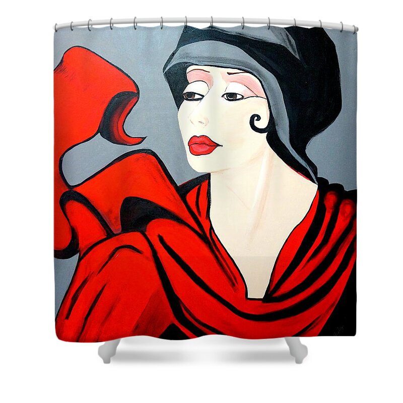 Lady Shower Curtain featuring the painting Lady In Red Art Deco by Nora Shepley