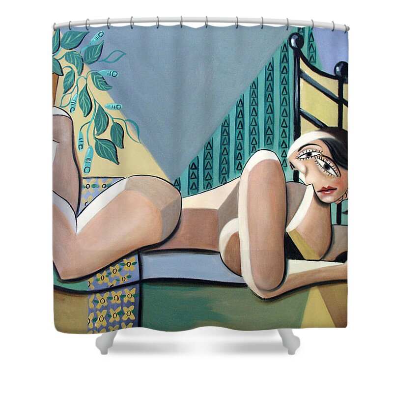 Lady With A Green Thumb Framed Prints Shower Curtain featuring the painting Lady With A Green Thumb by Anthony Falbo