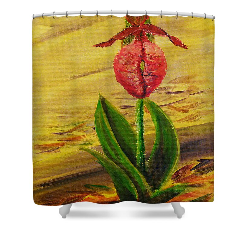 Lady-slipper Shower Curtain featuring the painting Lady's Slipper 2 by Wayne Enslow
