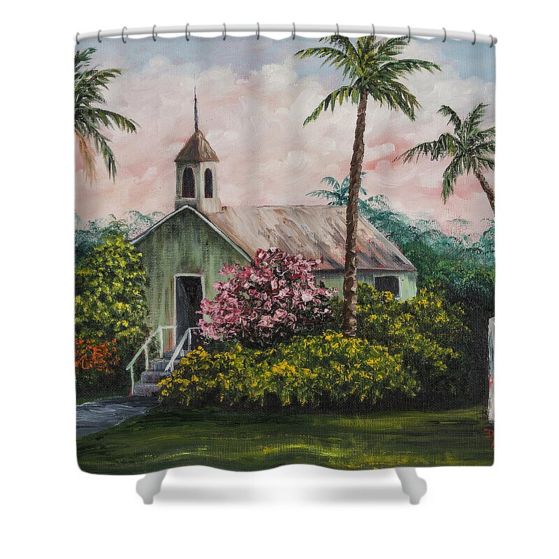 Building Shower Curtain featuring the painting Lahuiokalani Chapel by Darice Machel McGuire