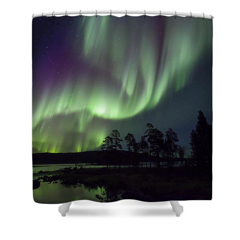 Heike Odermatt Shower Curtain featuring the photograph Lake And Aurora Borealis Lake Inari by Heike Odermatt