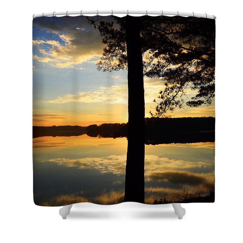 Lake Shower Curtain featuring the digital art Lake at Sunrise by Kathleen Illes