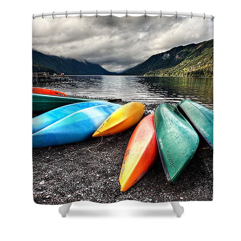 Canoes Shower Curtain featuring the photograph Lake Crescent Kayaks by Ian Good
