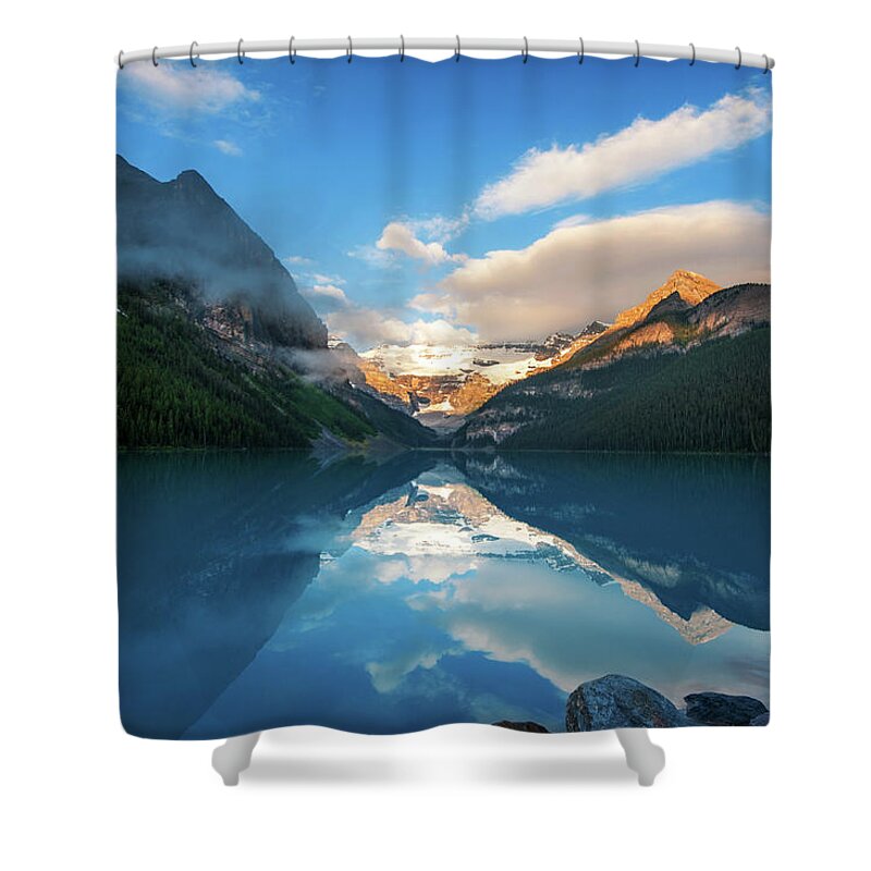 Tranquility Shower Curtain featuring the photograph Lake Louise Sunrise by Piriya Photography