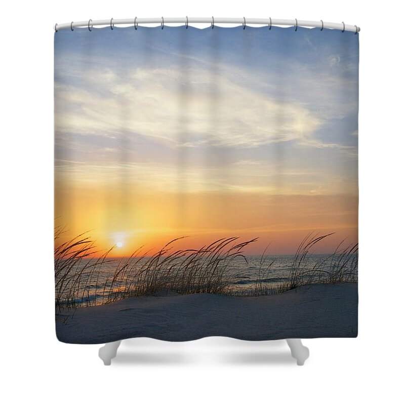 Dune Shower Curtain featuring the photograph Lake Michigan Sunset with Dune Grass by Mary Lee Dereske