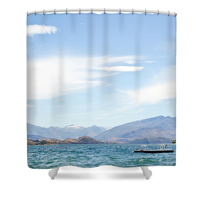 Scenics Shower Curtain featuring the photograph Lake Wanaka Diving Platform by Phillip Suddick