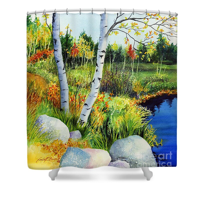 Birches Shower Curtain featuring the painting Lakeside Birches by Hailey E Herrera