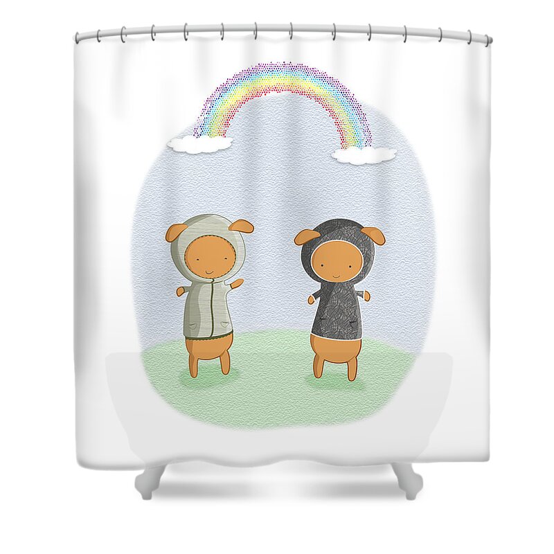 Cute Shower Curtain featuring the digital art Lamb Carrots Cute Friends Under a Rainbow Illustration by Lenny Carter